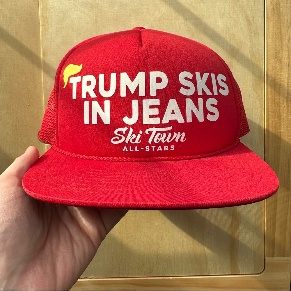 Trump Skis in Jeans Premium Foam Trucker Hat - Red | Adjustable Snapback